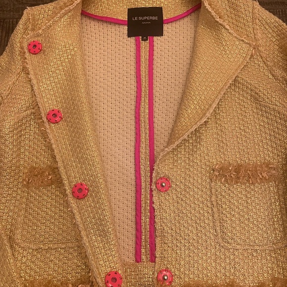 Le Superbe gold tweed blazer snap closures hot pink fringe detail NWOT Size Med - Picture 3 of 13